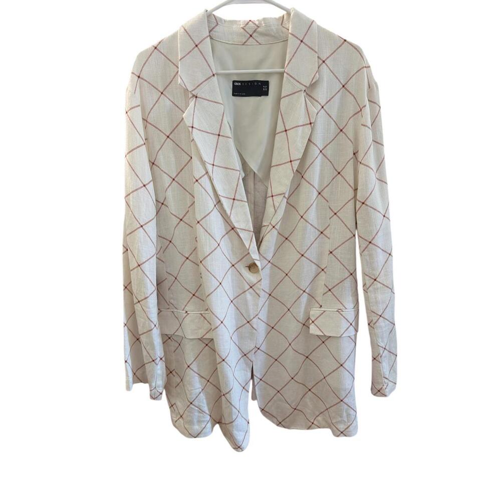 ASOS DESIGN linen grid check suit blazer in cream size US 14‎ UK 18 - Picture 4 of 5